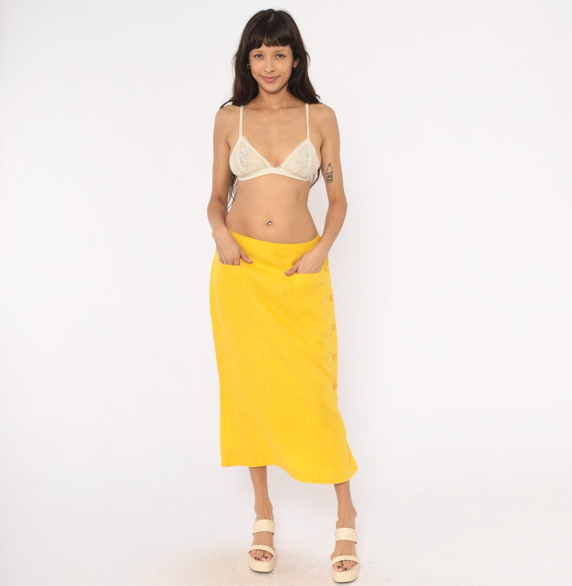 80s Ta. Whitney Linen Midi Skirt Golden Yellow A-Line Large L