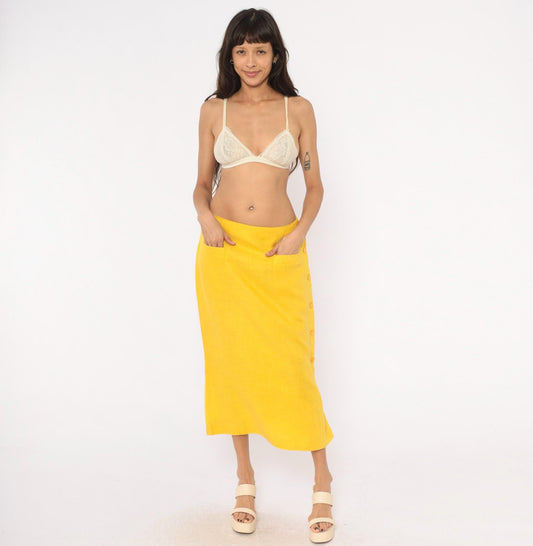 80s Ta. Whitney Linen Midi Skirt Golden Yellow A-Line Large L