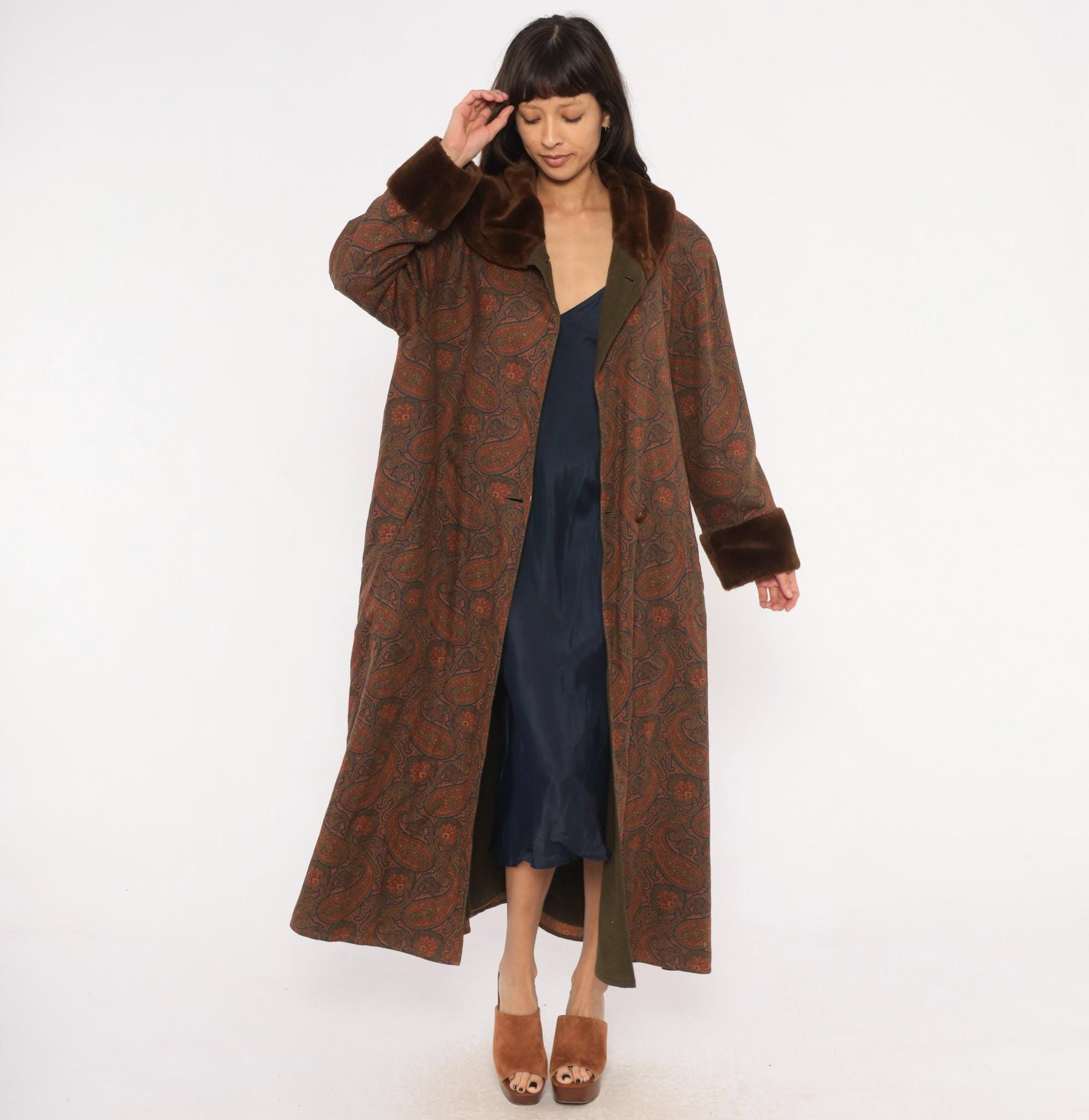 1970s Bill Blass Paisley Wool Maxi Coat Fur Collar Brown Olive Medium M