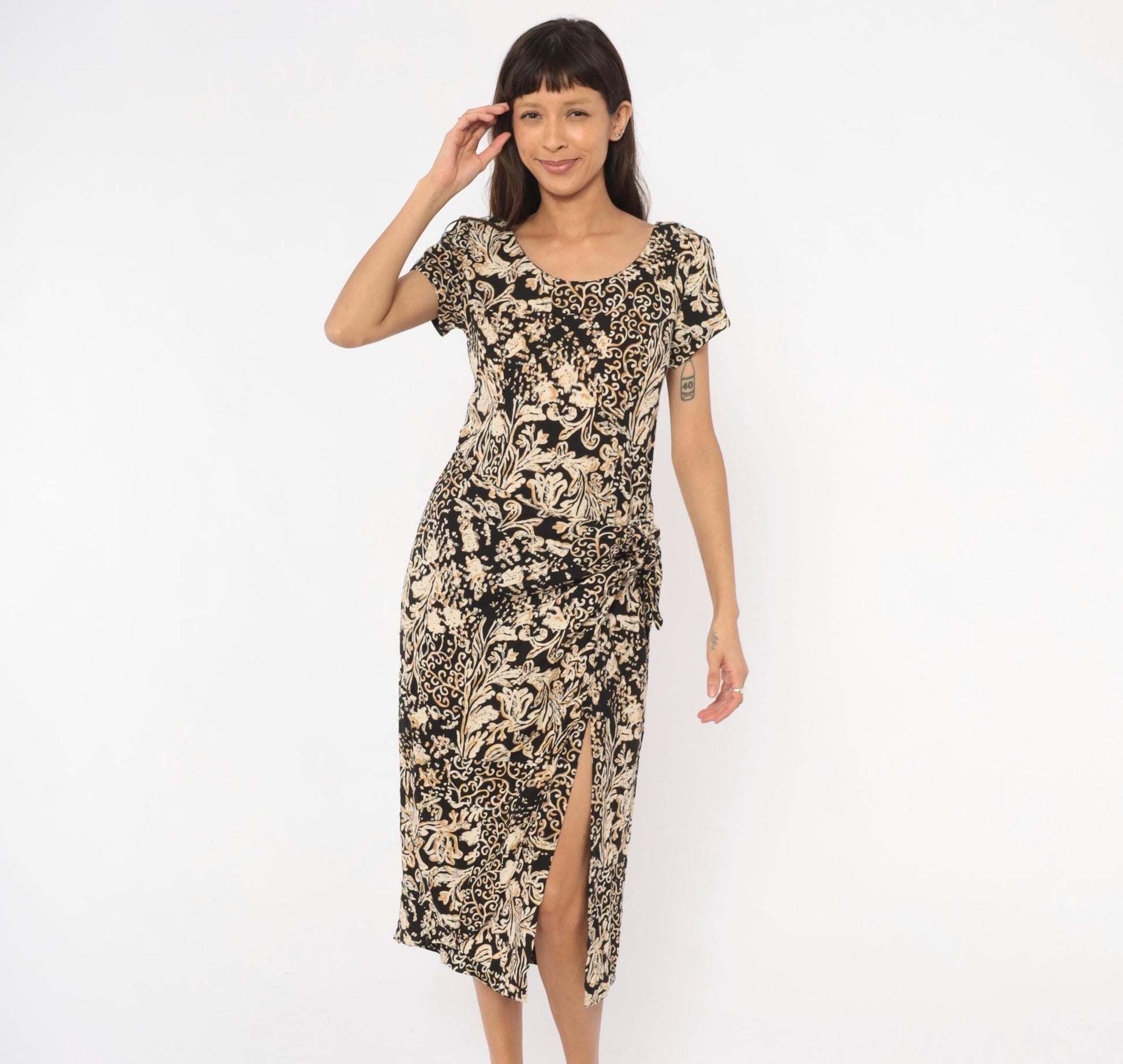 90s Jessica Howard Baroque Scroll Midi Dress Black Cream Floral Small