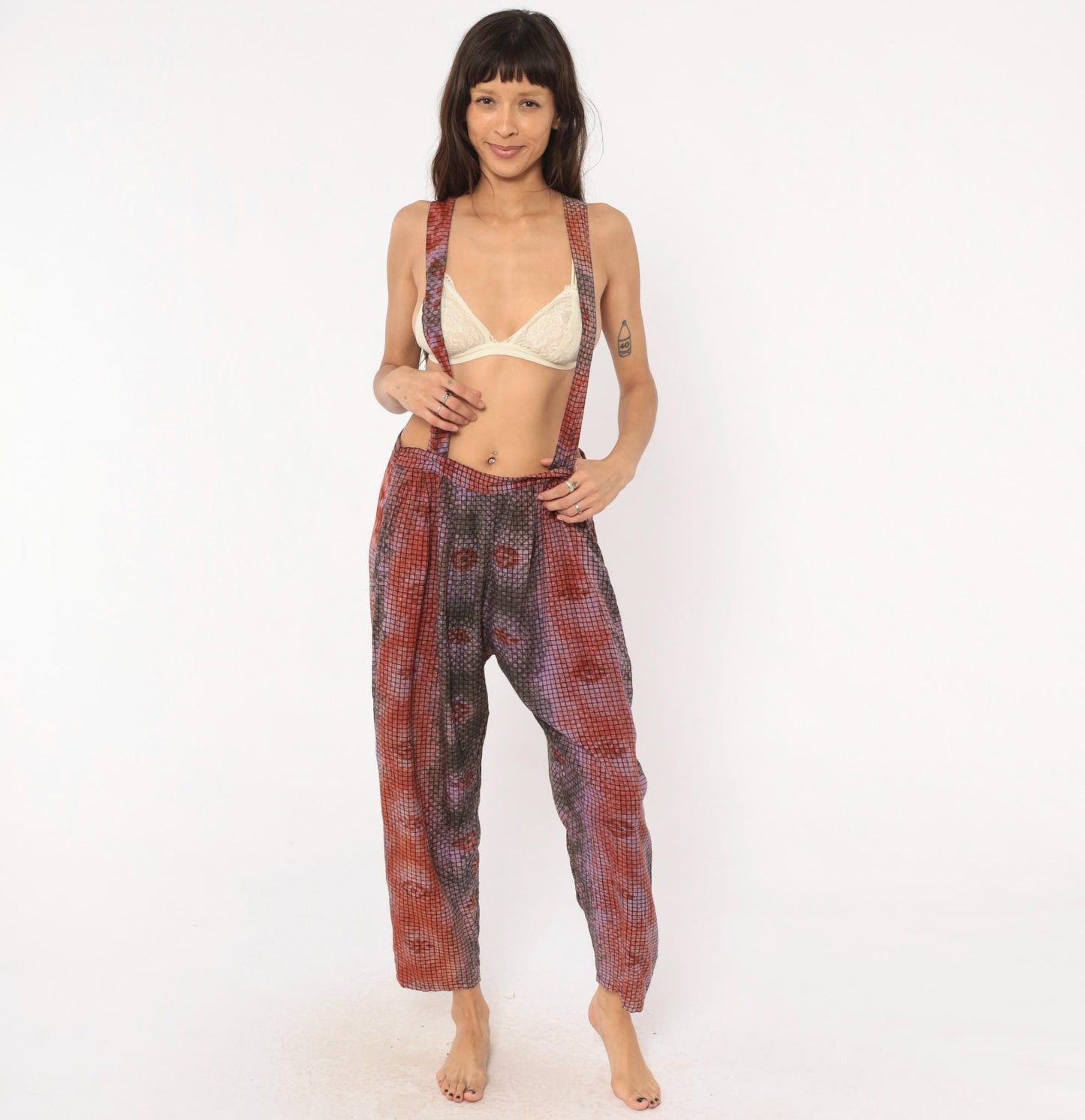 90s Tie Dye Suspender Pants Grid Print Pleated Trousers Purple Brown Medium M