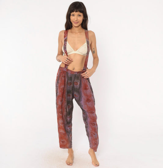 90s Tie Dye Suspender Pants Grid Print Pleated Trousers Purple Brown Medium M
