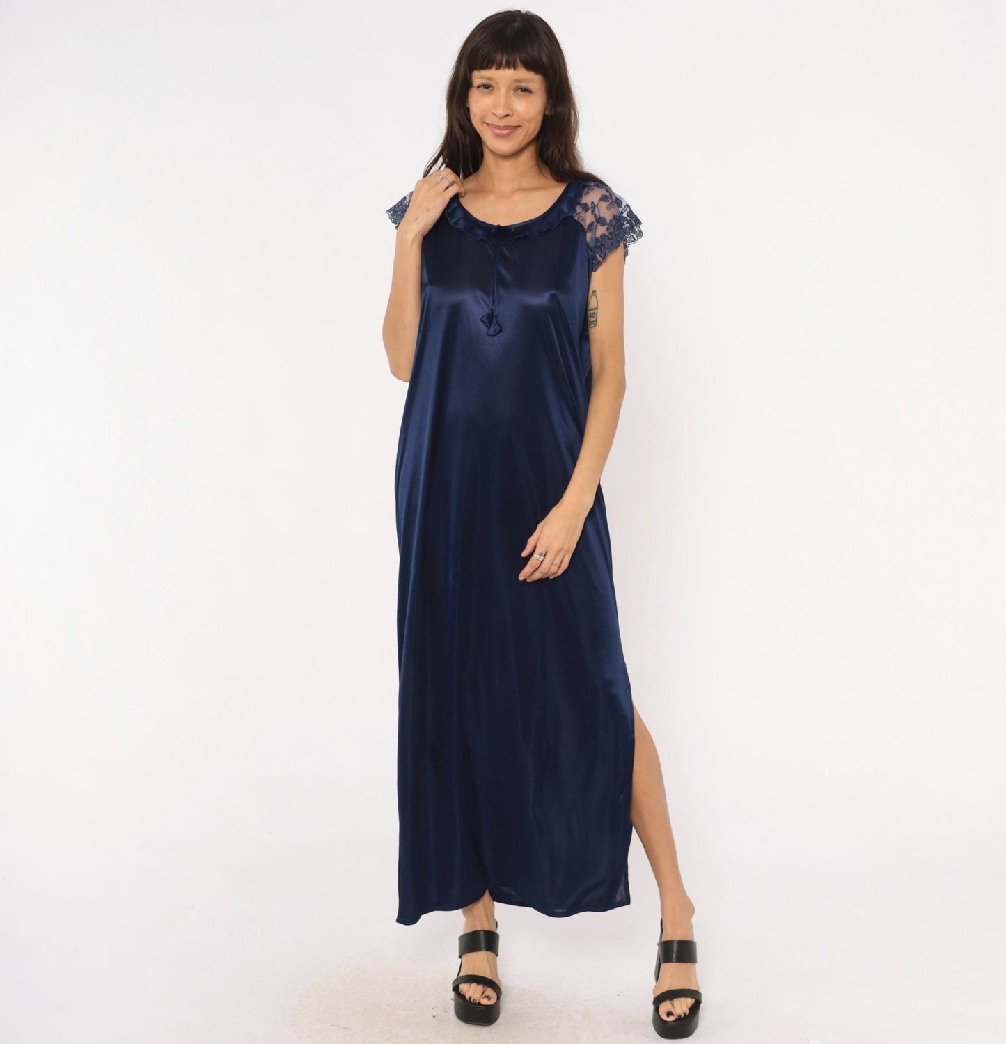 80s Navy Satin Nightgown Lace Cap Sleeve V-Neck Maxi Slip Dress Large