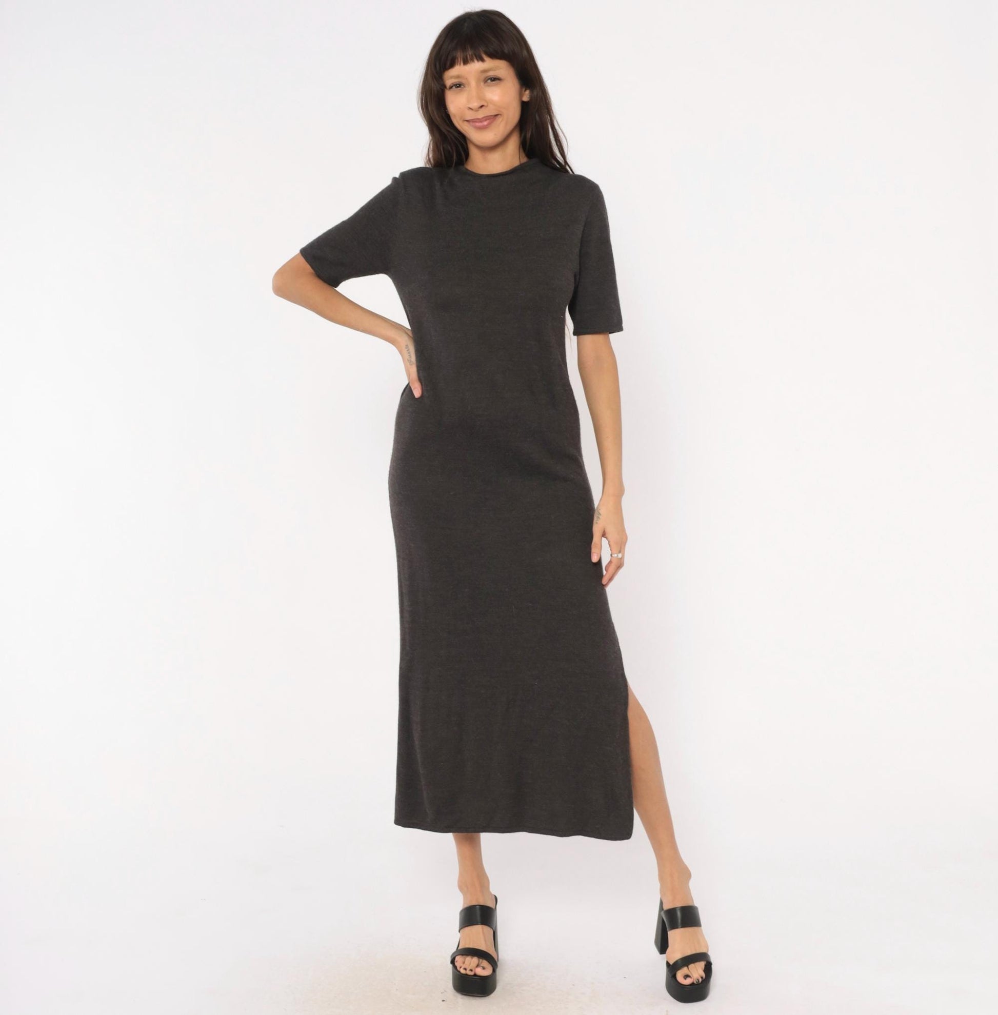 Y2K Nina Leonard Charcoal Knit Maxi Dress Short Sleeve Column Grey Small Petite