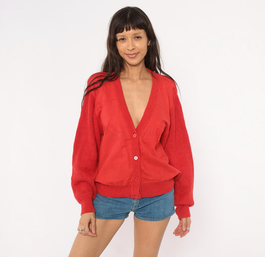 90s Shartex Red Cardigan V-Neck Button Front Knit Embroidered Crest Large L