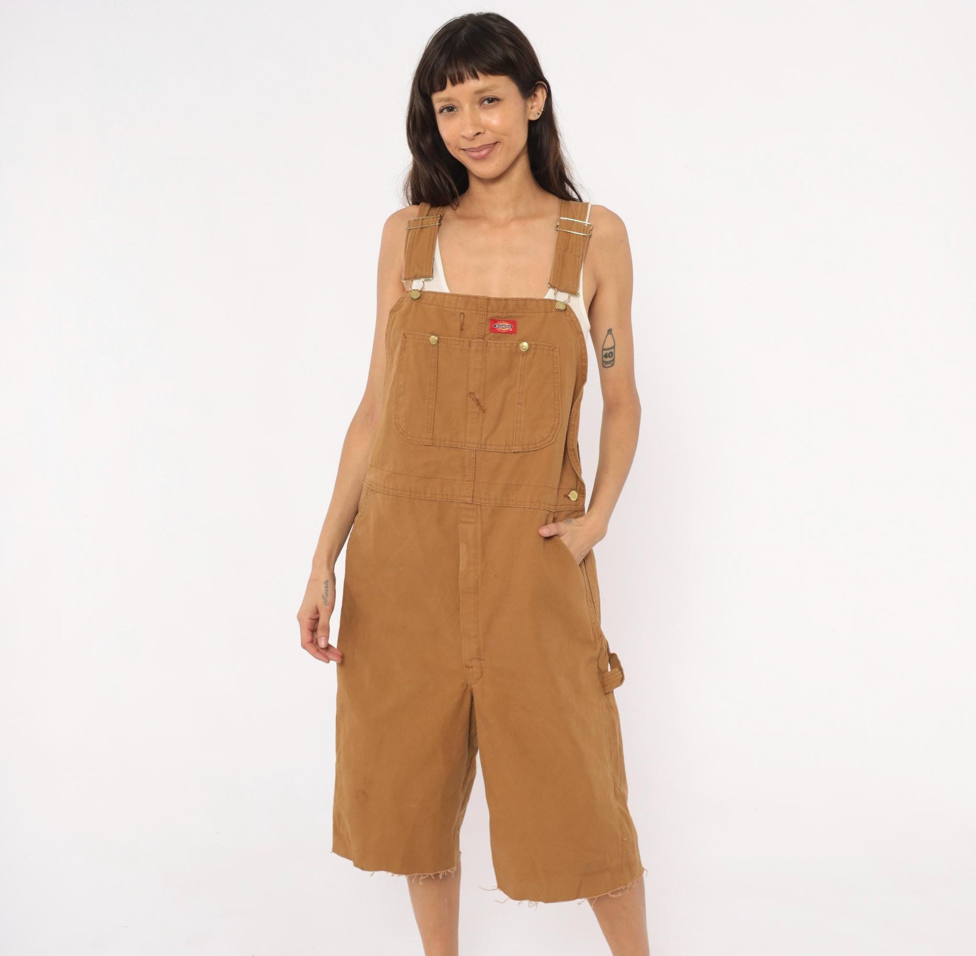 Dickies Canvas Bib Shortalls Cut-Off Shorts Tan Cargo Workwear Large L