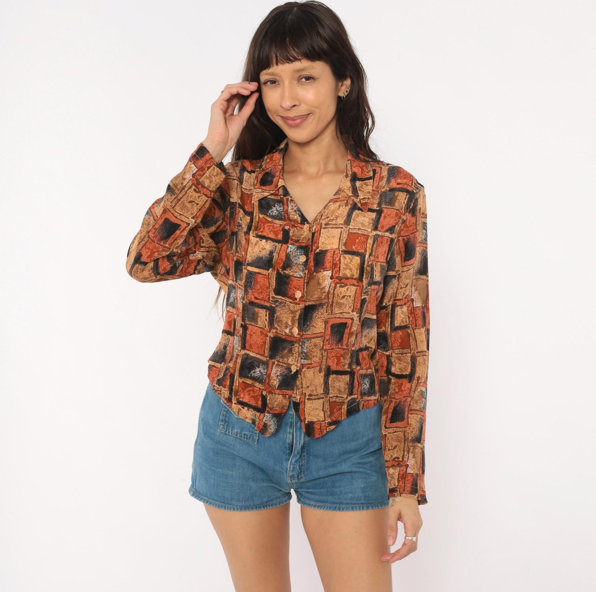 90s Quo-Silk Abstract Geometric Silk Blouse Cropped Rust Tan Small S