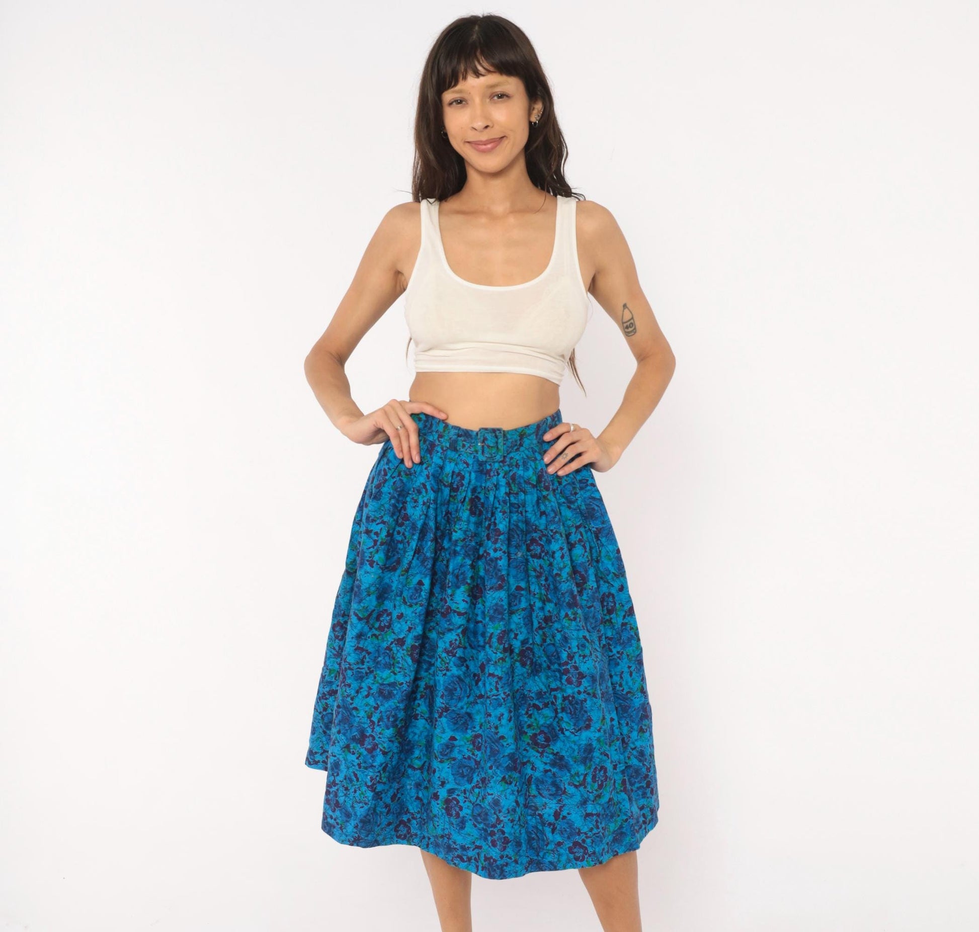 60s Batik Floral Pleated Skirt Cobalt Blue Purple Cotton High Waist Extra Small XS