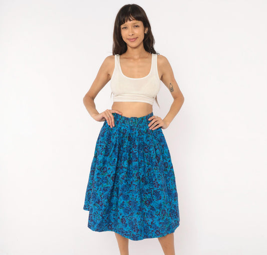 60s Batik Floral Pleated Skirt Cobalt Blue Purple Cotton High Waist Extra Small XS