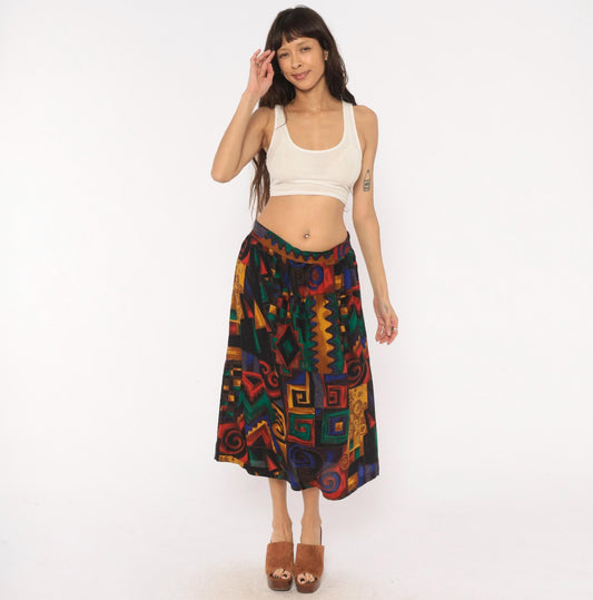 90s Kenneth Mitchell Midi Skirt Geometric Spiral Print Multicolor Size 20W