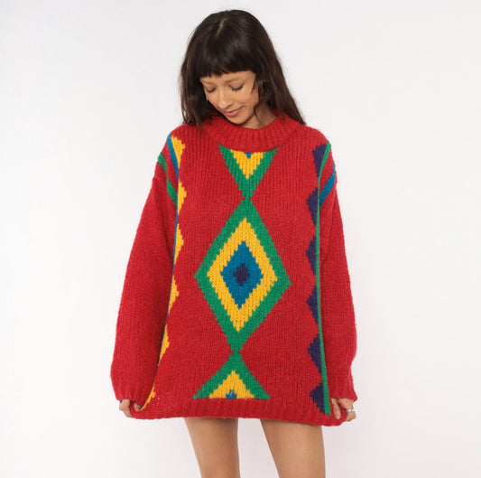 90s Willow Bay Southwestern Diamond Knit Pullover Red Green Blue Medium