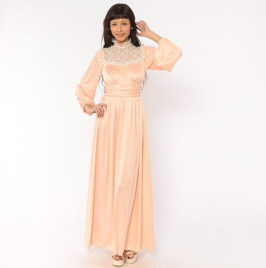 70s Peach Lace Maxi Gown High Neck Bishop Sleeve A-Line Small