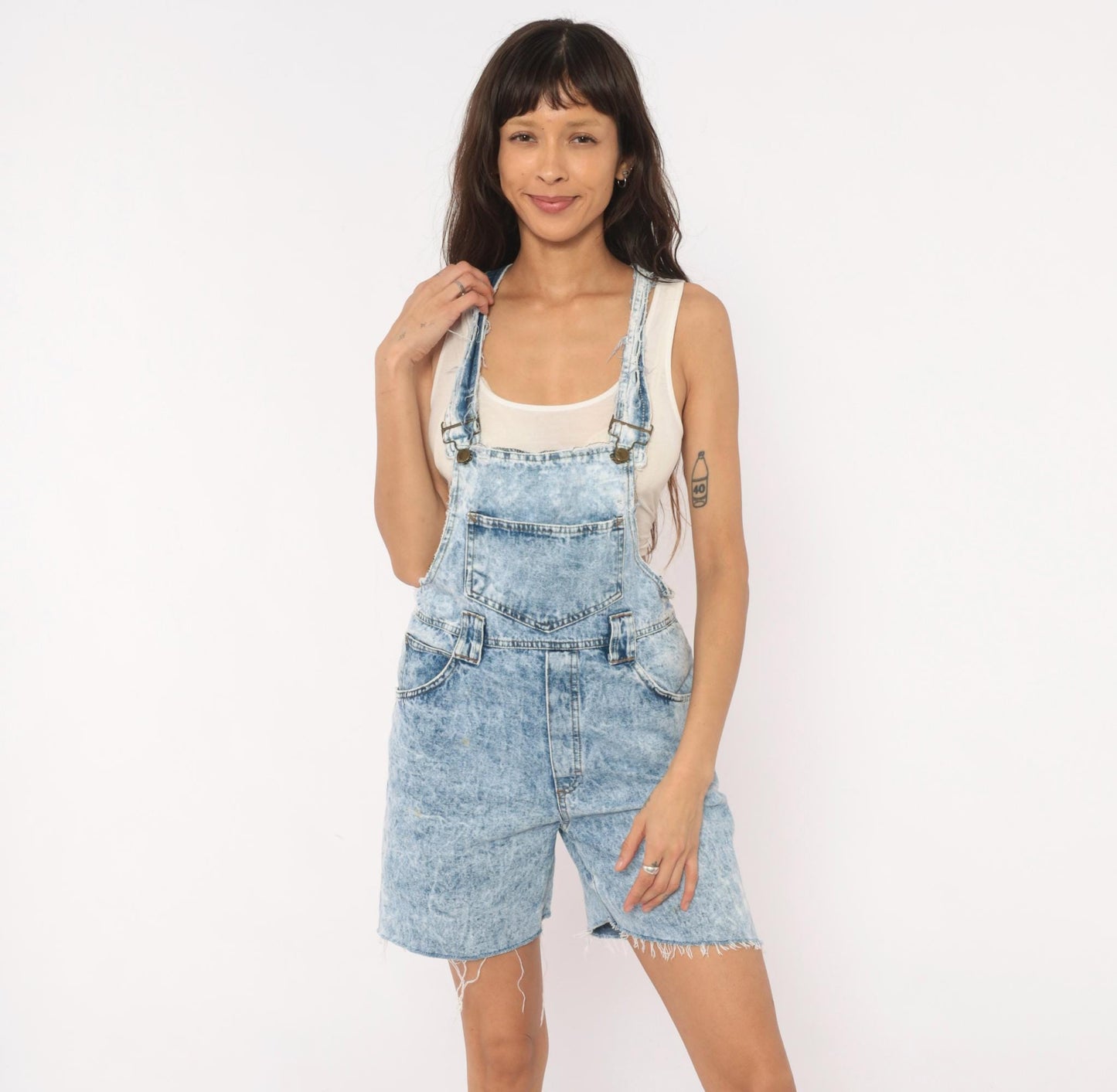 90s Weathered Blues Acid Wash Denim Shortalls Light Blue Cotton Small S