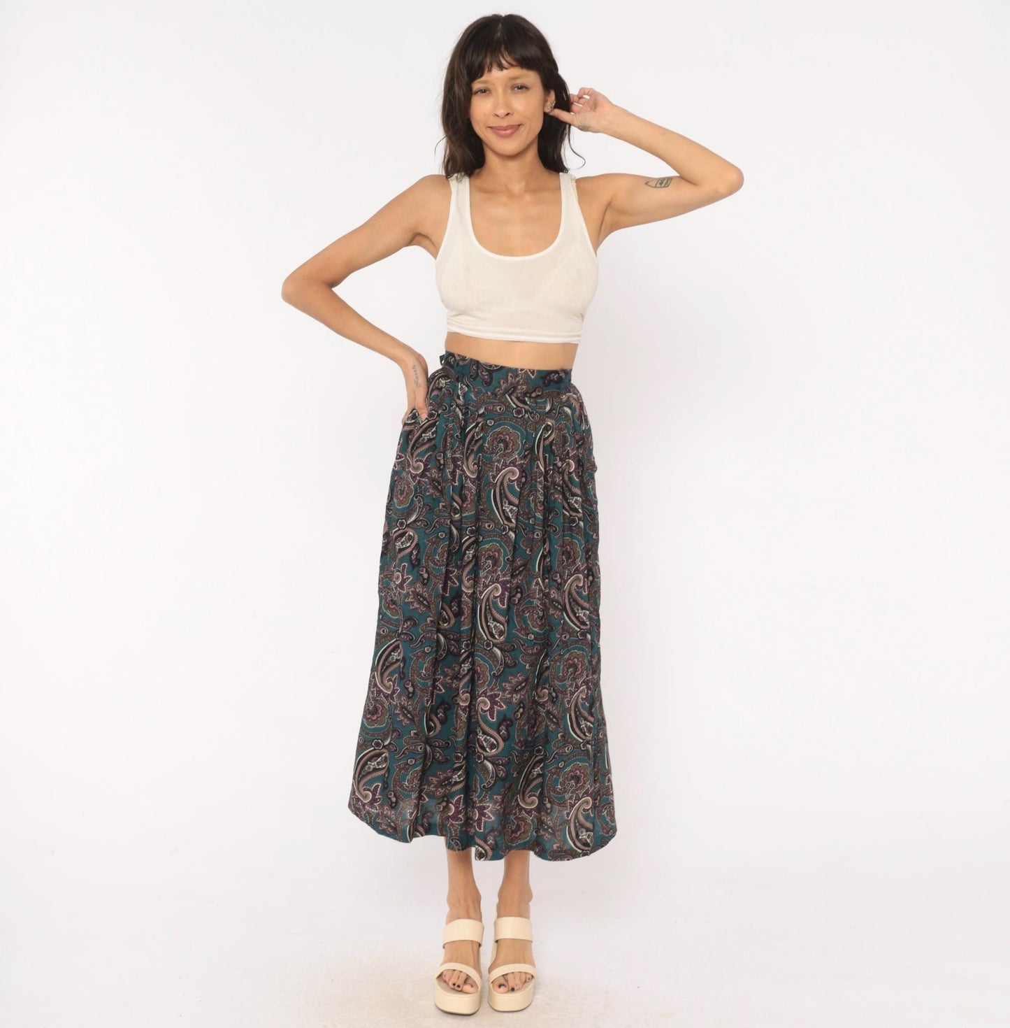 90s Words Paisley Pleated Midi Skirt Teal Pink Olive Extra Small XS