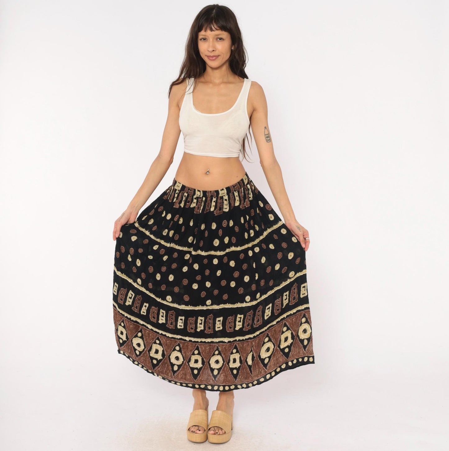 90s Bila Maxi Skirt Black Brown Batik Tribal Geometric Print Extra Large