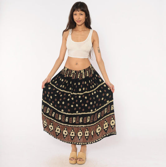 90s Bila Maxi Skirt Black Brown Batik Tribal Geometric Print Extra Large