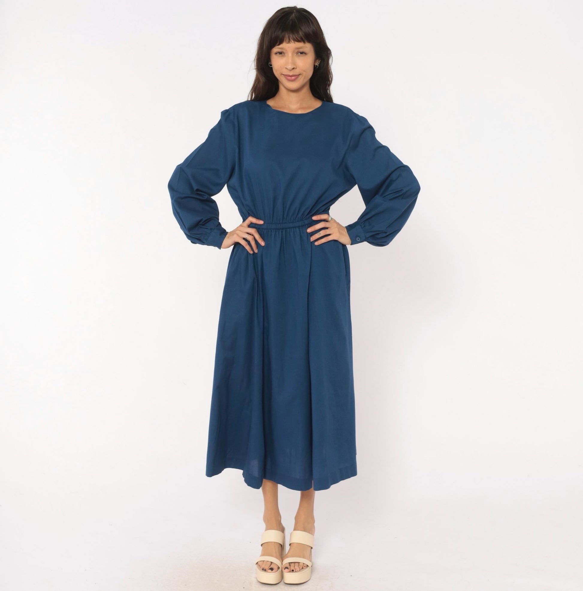 80s Navy Cotton Midi Dress Balloon Sleeve Elastic Waist Small Medium