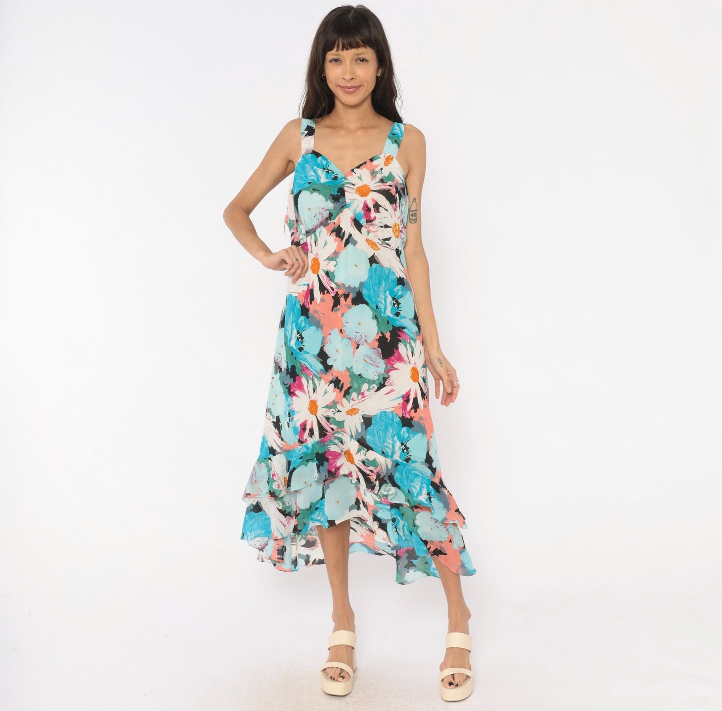 2000s Dress U Floral Maxi Sundress Aqua Pink Daisy V-Neck Plus Size XXL