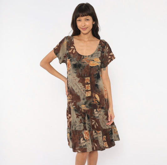 90s Island Attitude Botanical Patchwork Drop Waist Dress Brown Medium M
