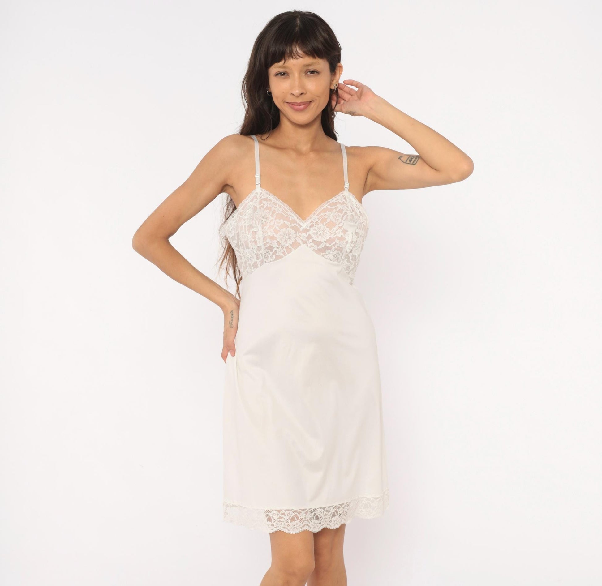 80s Vanity Fair White Lace Slip Dress V-Neck Floral Bodice Small