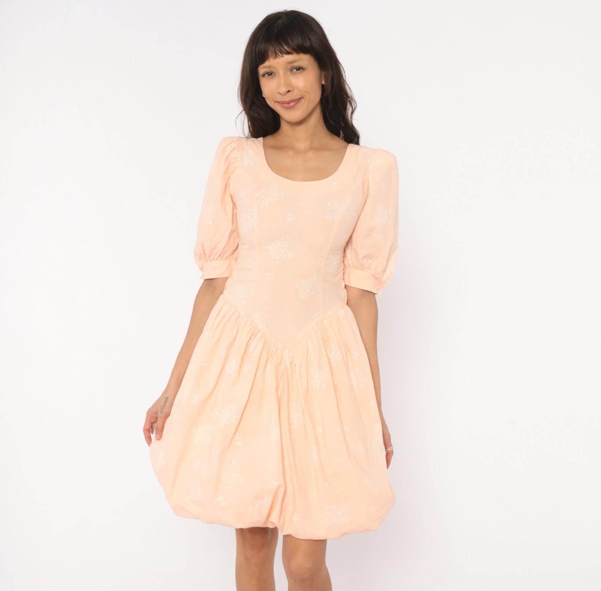 80s J.B.Xpress Puff Sleeve Mini Dress Peach Floral Cotton Basque Waist Extra Small XS