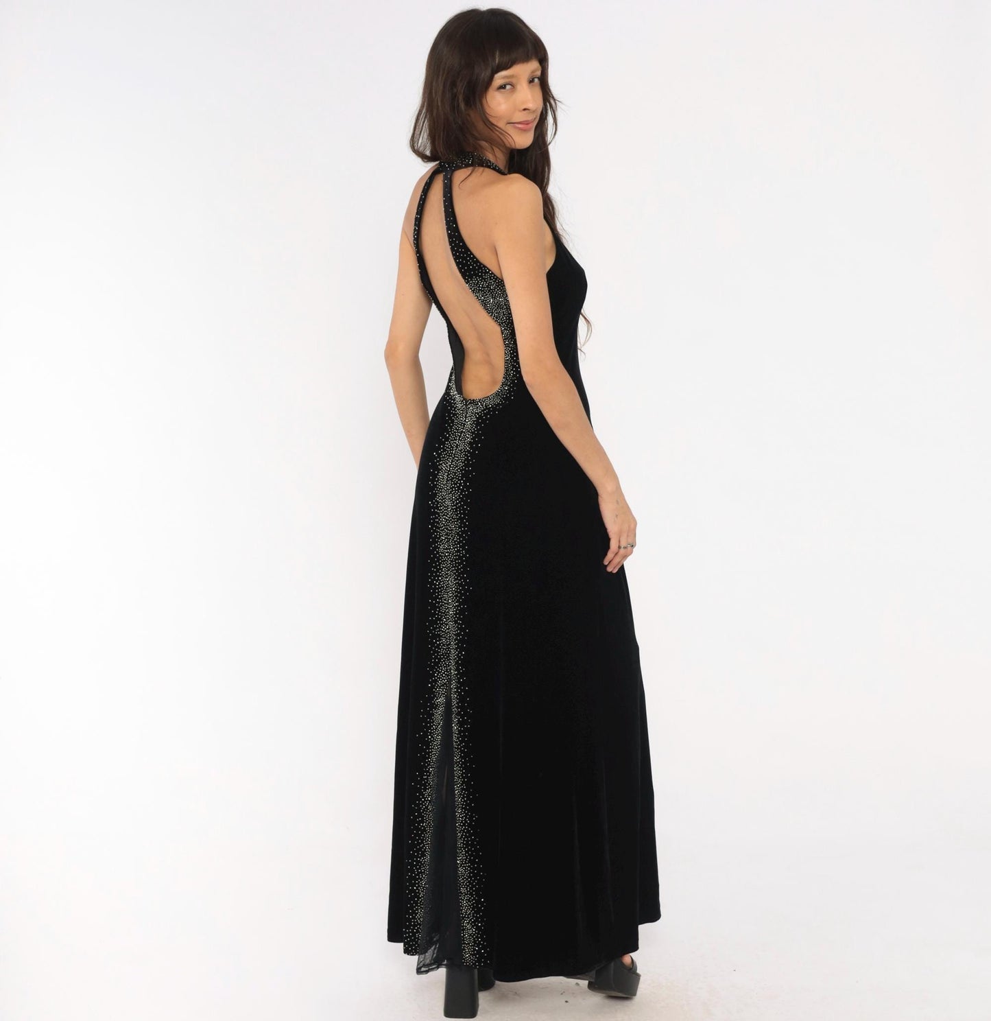 90s Dave & Johnny Black Velvet Halter Maxi Gown Rhinestone Open Back Large L