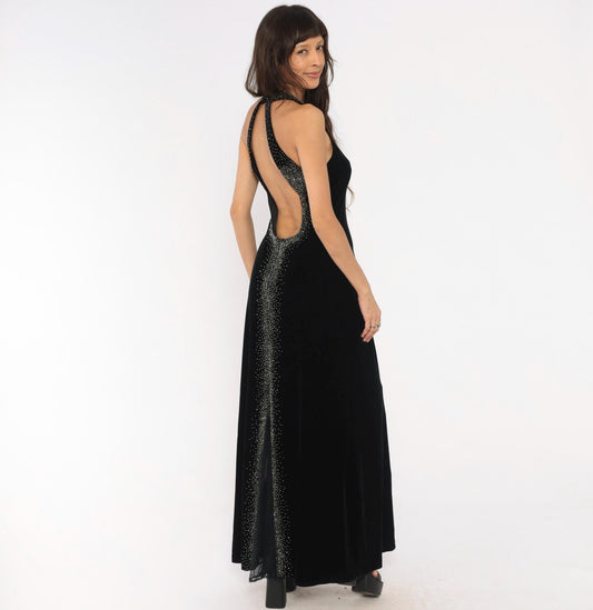 90s Dave & Johnny Black Velvet Halter Maxi Gown Rhinestone Open Back Large L