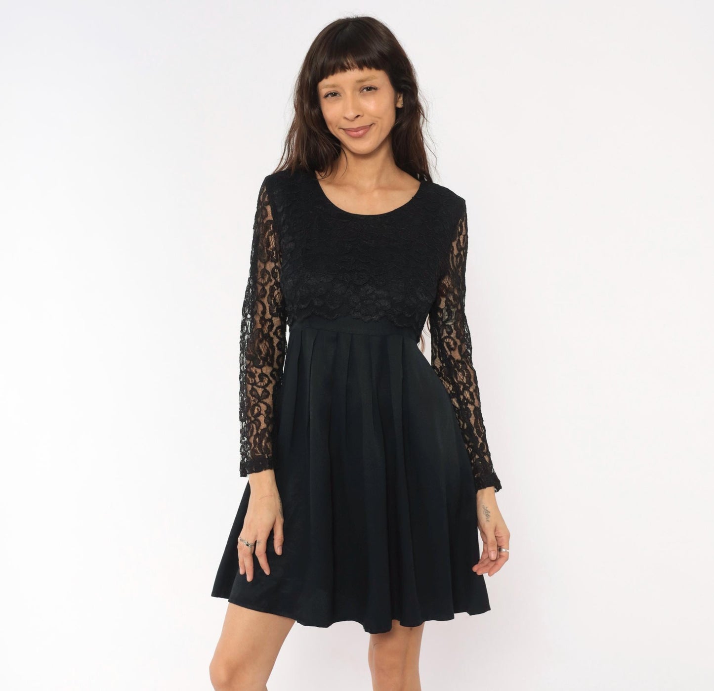 90s Black Lace Dress Floral Sheer Sleeves Pleated Knee-Length Small