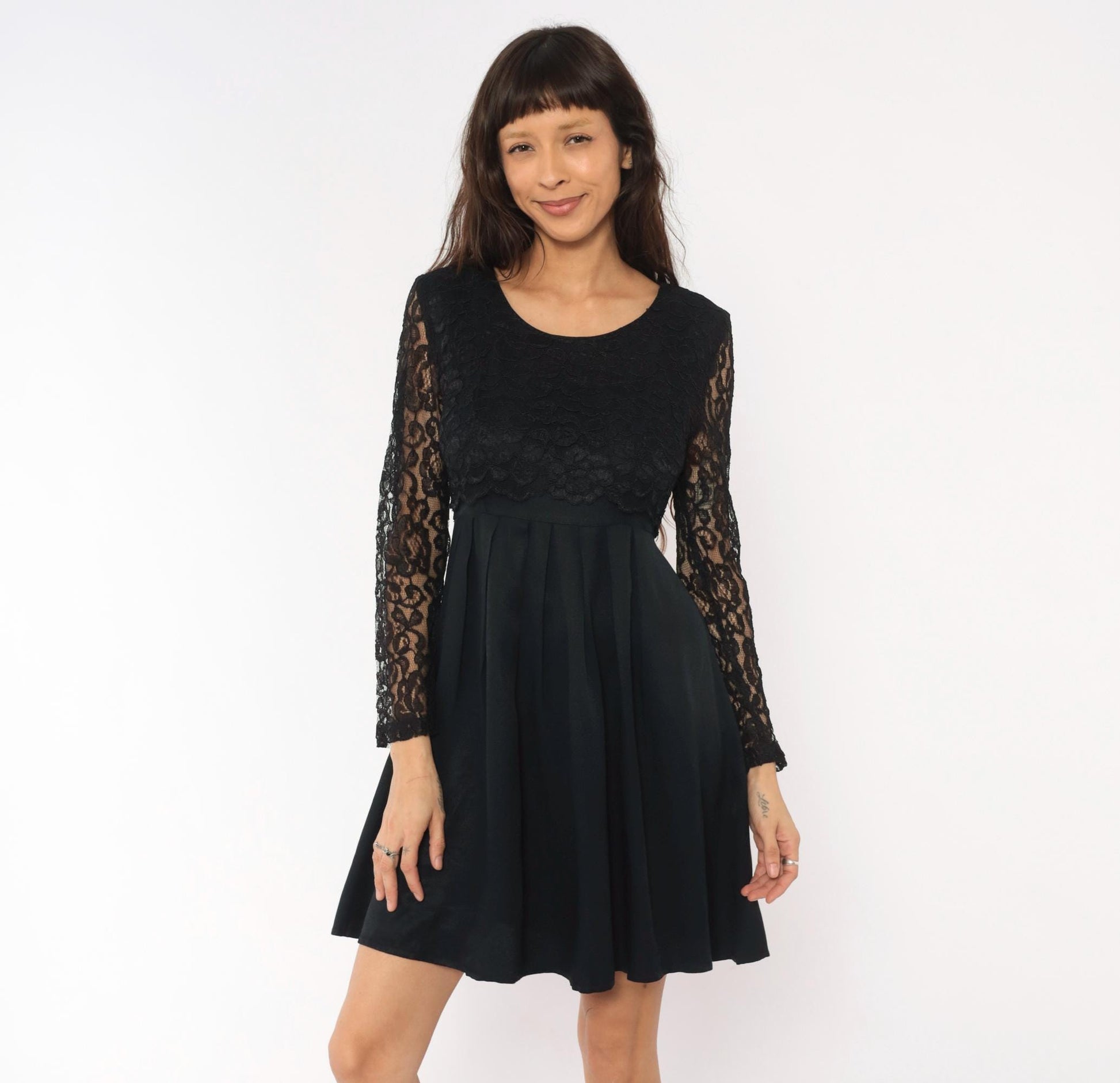 90s Black Lace Dress Floral Sheer Sleeves Pleated Knee-Length Small