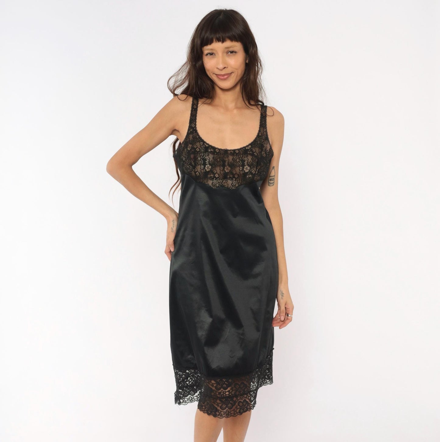 70s Gossard Artemis Black Lace Slip Dress Sheer Floral Nylon Nightgown Medium
