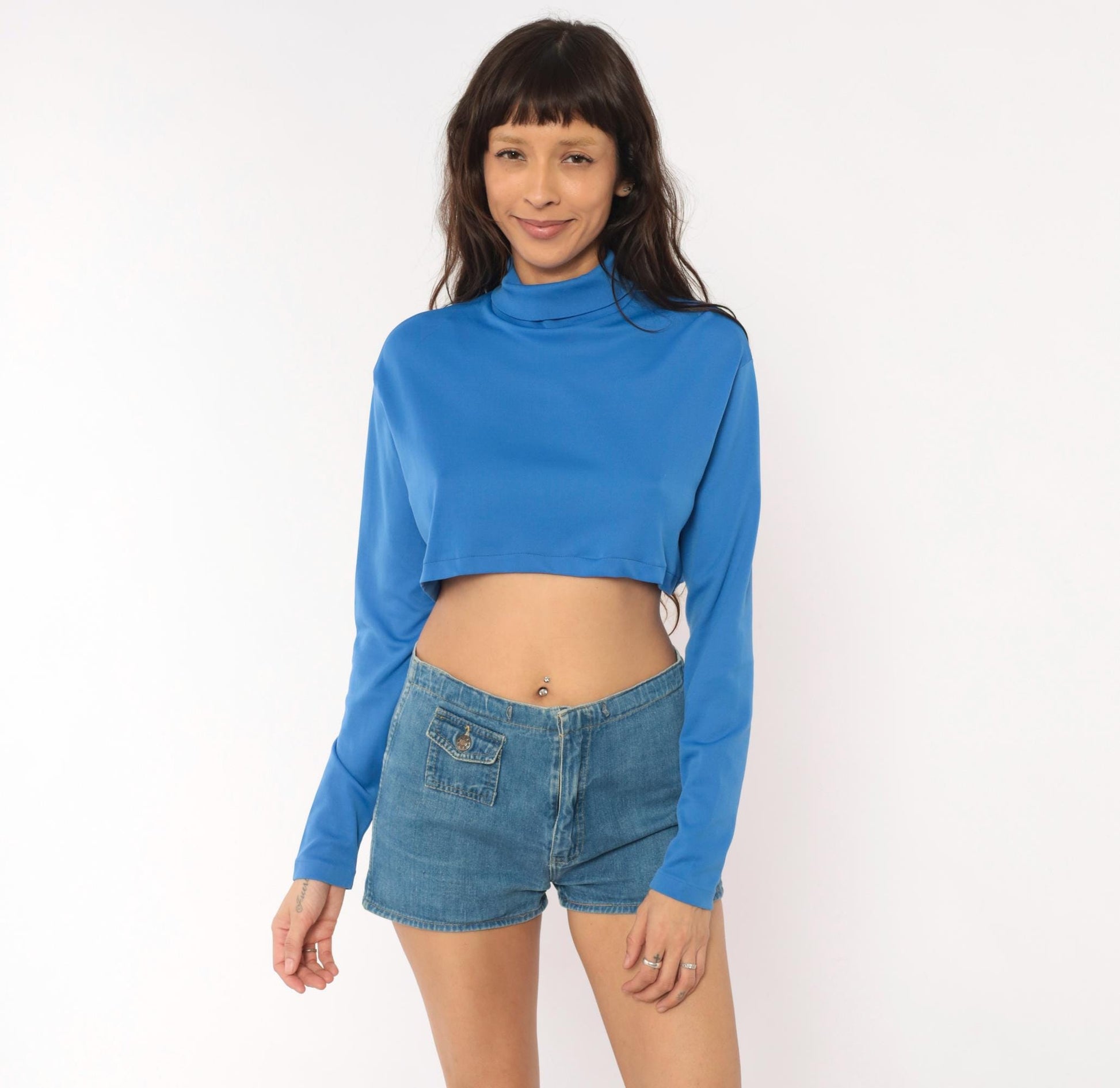 70s Cornflower Blue Crop Top Long Sleeve Mock Neck Back Zip Medium