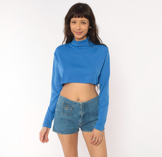 70s Cornflower Blue Crop Top Long Sleeve Mock Neck Back Zip Medium