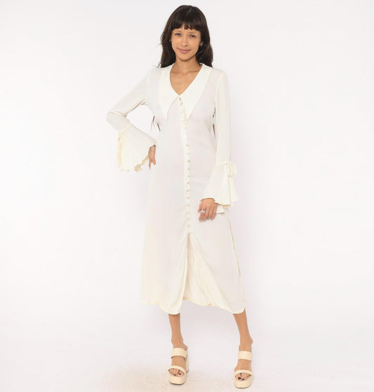 90s Joukar Cream Midi Dress Bell Sleeve V Neck Button Front Medium