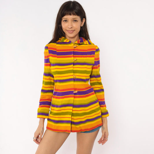 70s Striped Hooded Jacket Multicolor Rainbow Button Front Extra Small
