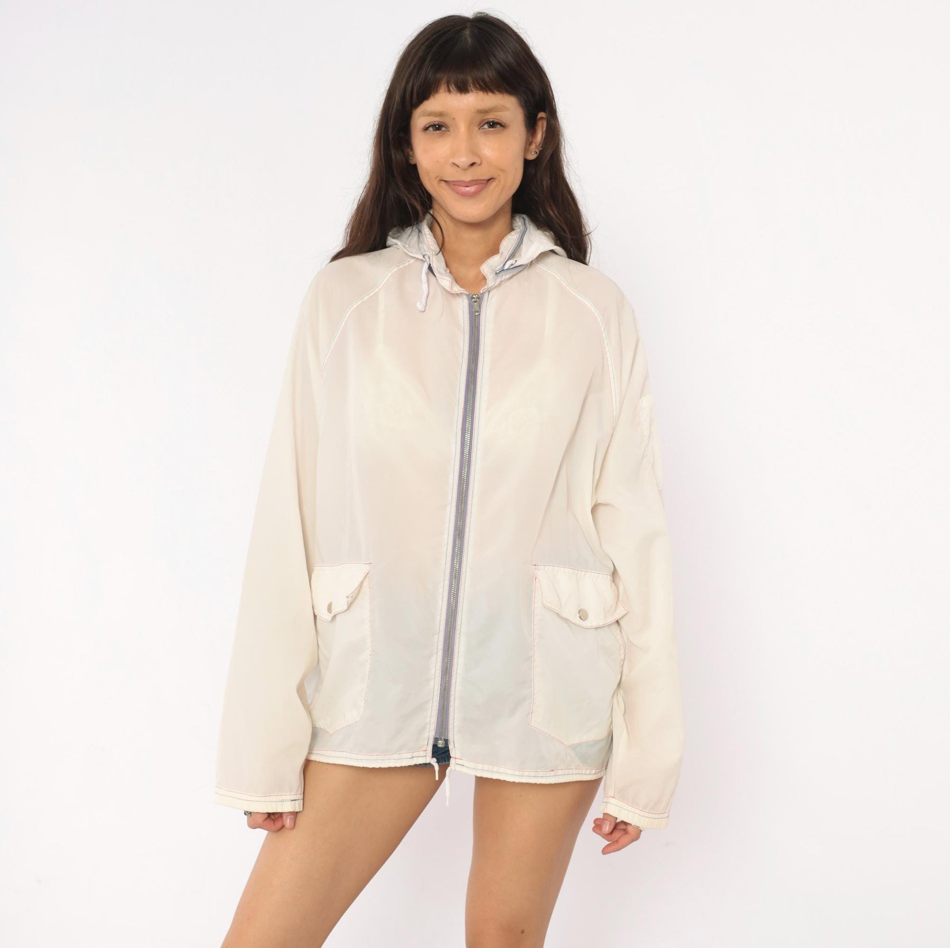 80s White Nylon Windbreaker Hooded Zip Jacket Colour Block Medium