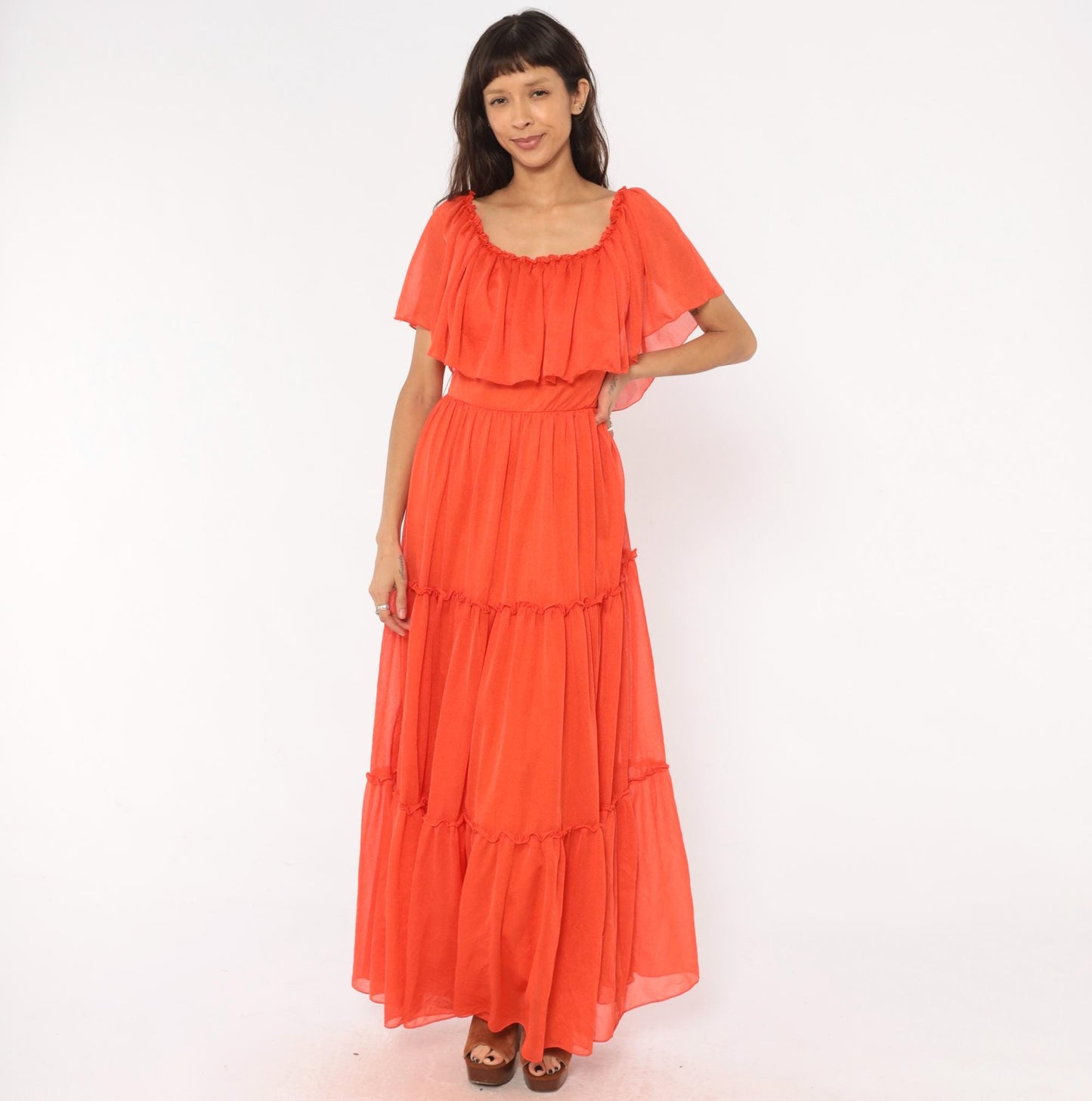 70s Coral Orange Maxi Dress Tiered Ruffle Cape Flutter Sleeve Small