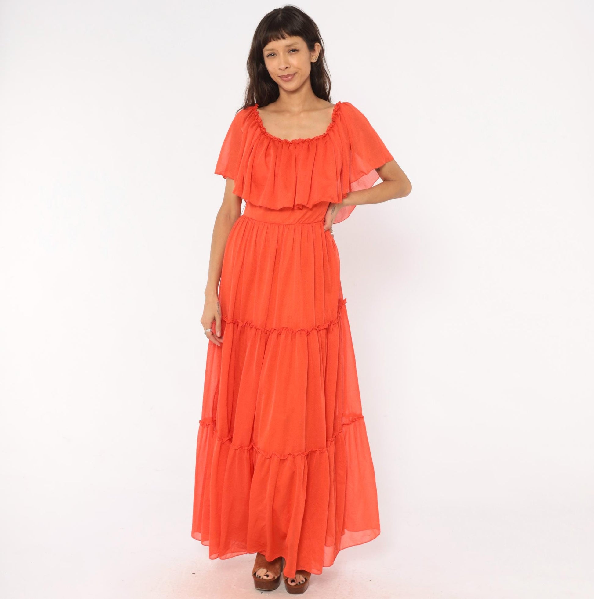 70s Coral Orange Maxi Dress Tiered Ruffle Cape Flutter Sleeve Small