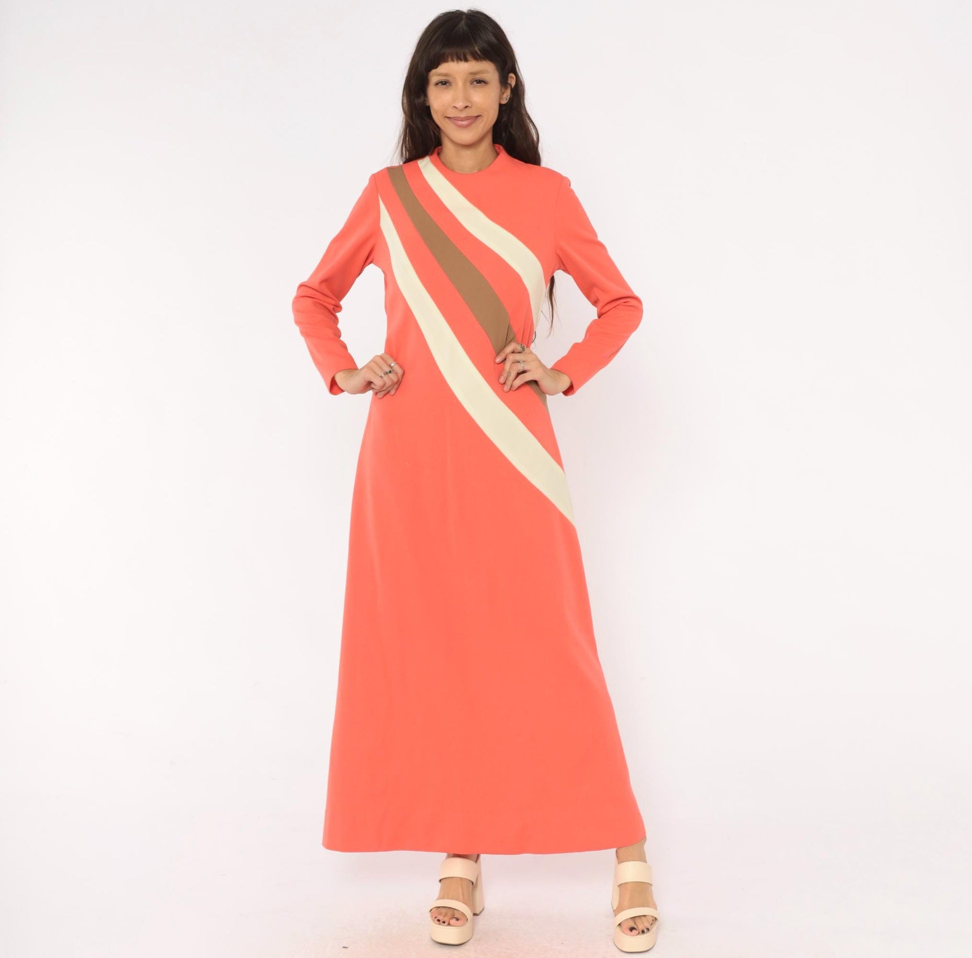 70s Puritan Forever Young Coral Stripe Maxi Dress Mock Neck Medium M