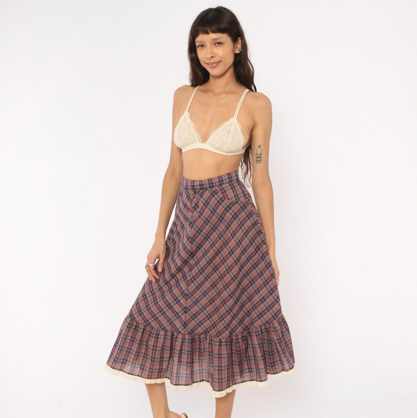 70s Judy Knapp Plaid A-Line Midi Skirt Red Navy Eyelet Lace Ruffle Small