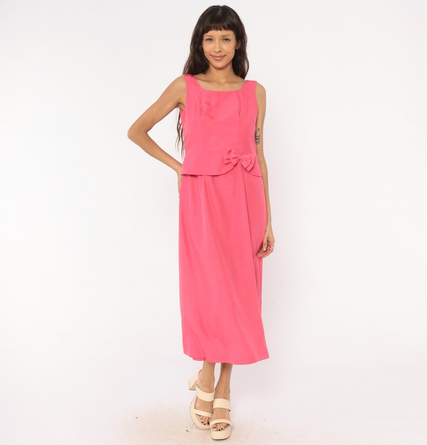80s Hot Pink Sleeveless Maxi Dress Square Neck Peplum Bow Large L