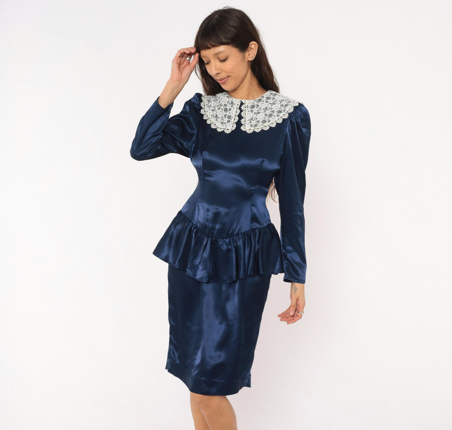 80s Navy Satin Peplum Dress Lace Collar Puff Shoulder Knee Length Small