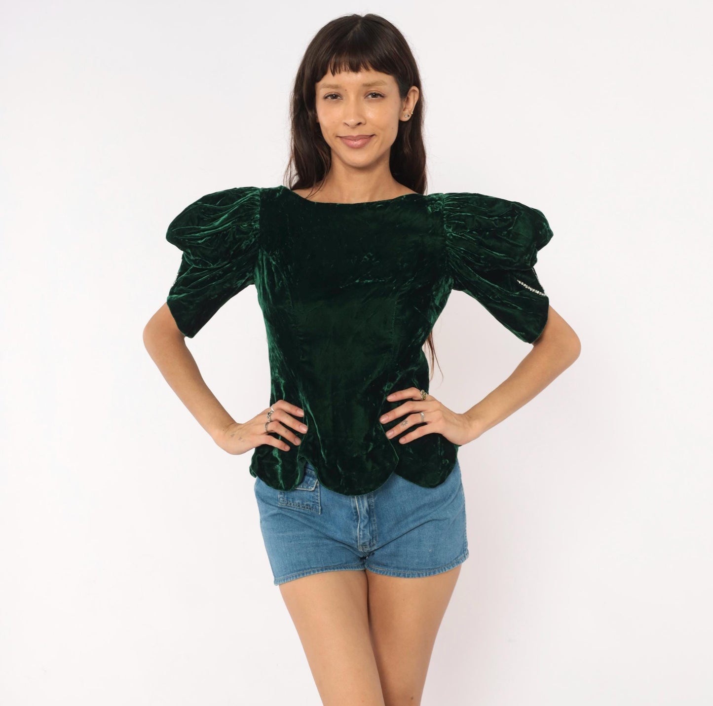 90s Emerald Crushed Velvet Puff Sleeve Blouse Forest Green Rhinestone Bow Back Small S