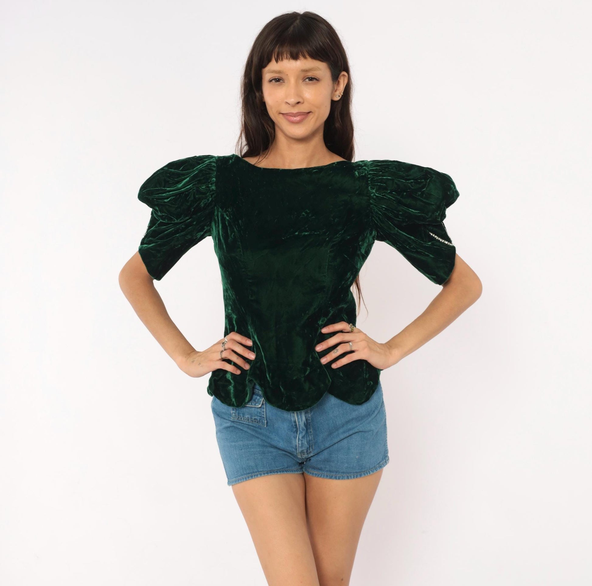 90s Emerald Crushed Velvet Puff Sleeve Blouse Forest Green Rhinestone Bow Back Small S