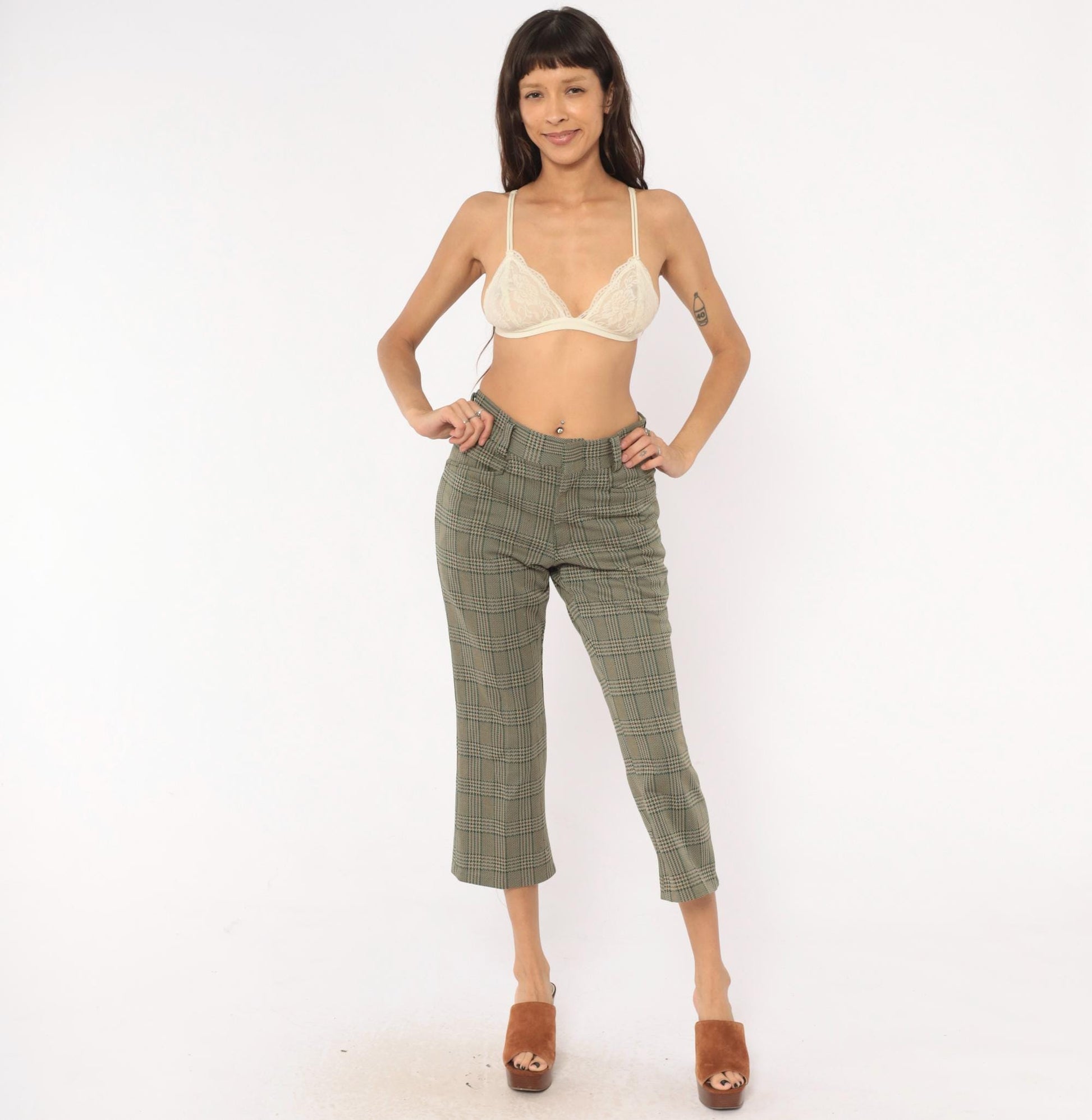 70s Chess Man Glen Plaid Cropped Flare Trousers Olive Tan Extra Small XS