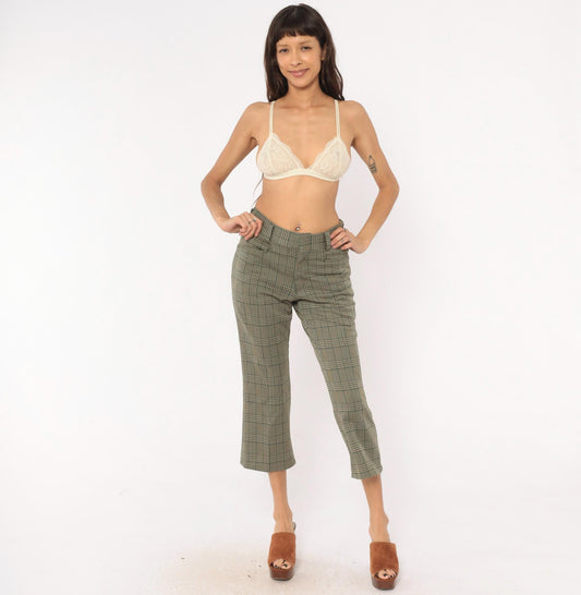 70s Chess Man Glen Plaid Cropped Flare Trousers Olive Tan Extra Small XS
