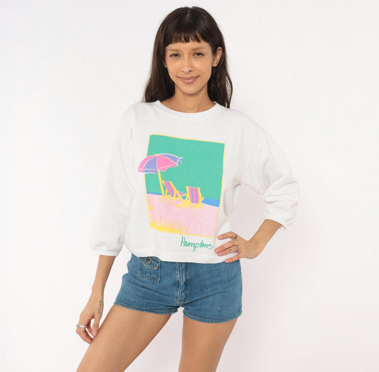 90s Anvil Hamptons Beach Sweatshirt White Pastel Graphic Cropped Medium M