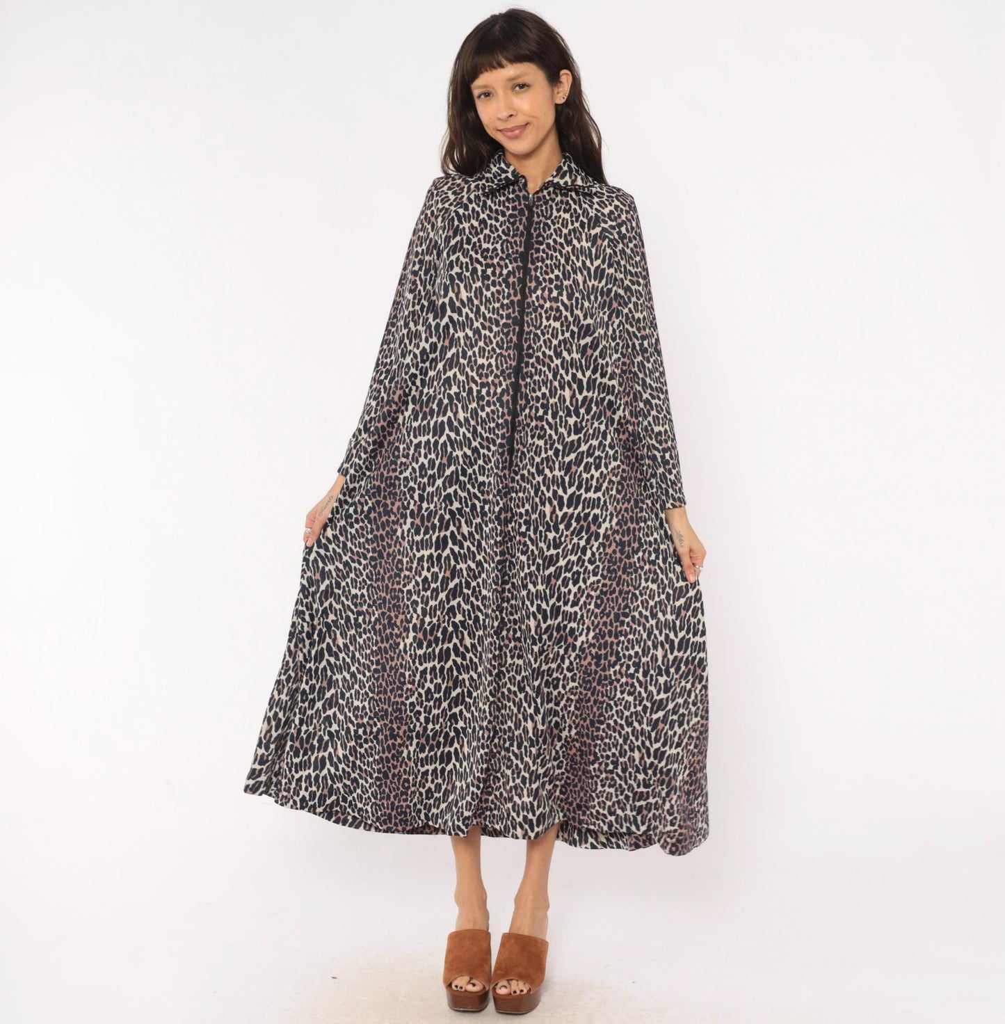 70s Leopard Print Maxi Dress Zip Front Collared A-Line Cream Brown Medium Large