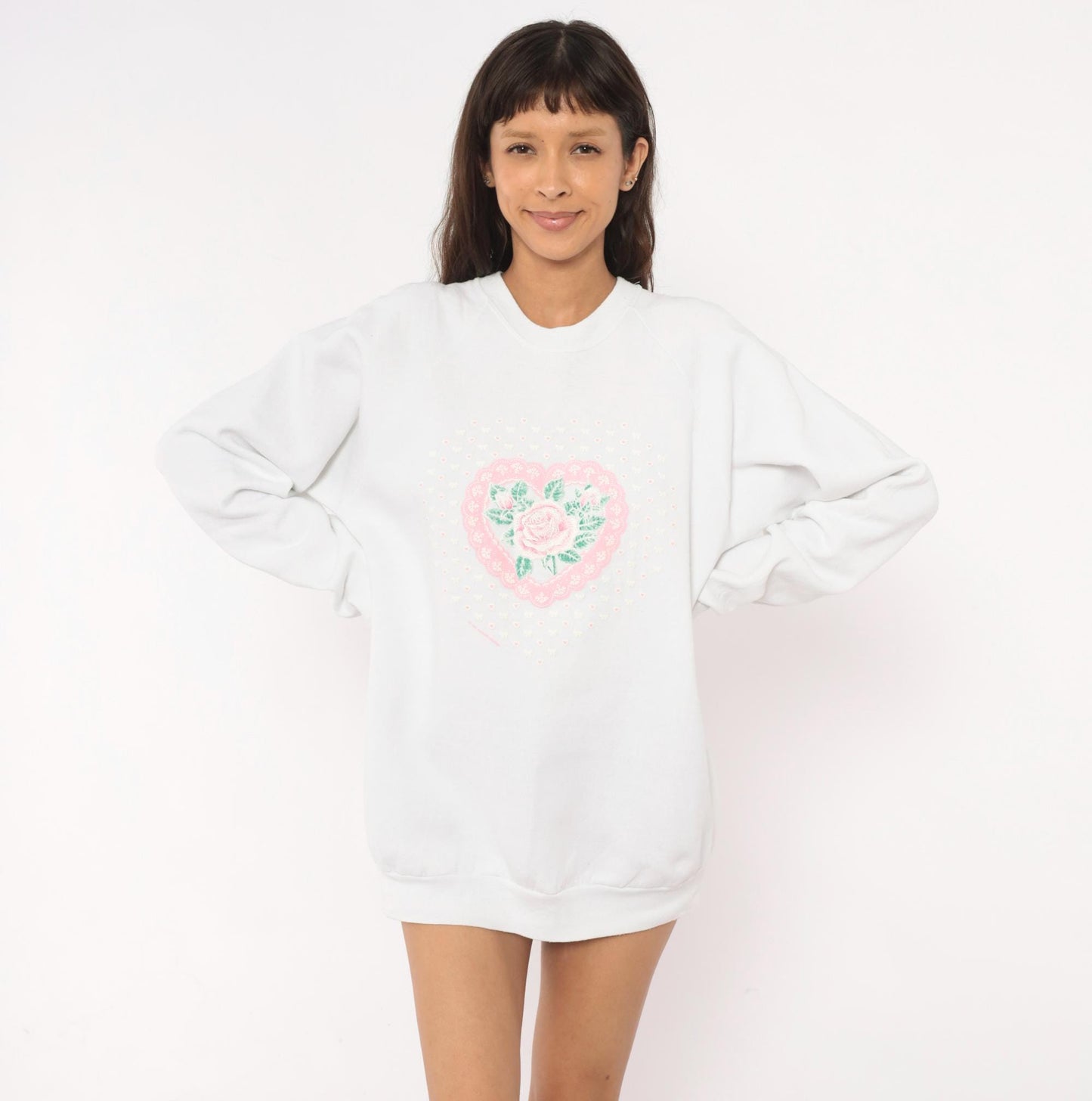 90s Fruit Of The Loom Rose Heart Lace Sweatshirt White Pink Raglan Extra Large XL