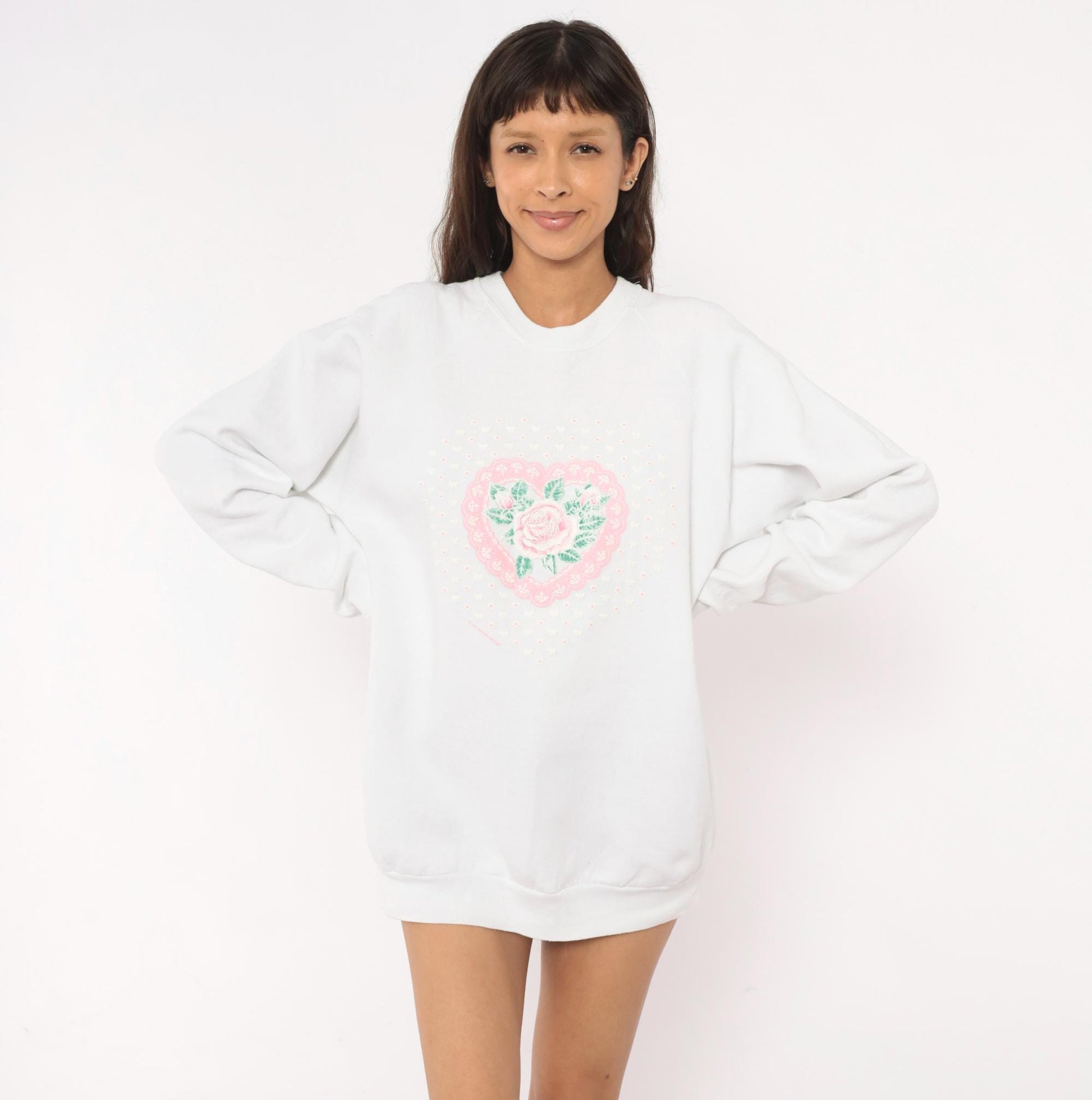 90s Fruit Of The Loom Rose Heart Lace Sweatshirt White Pink Raglan Extra Large XL