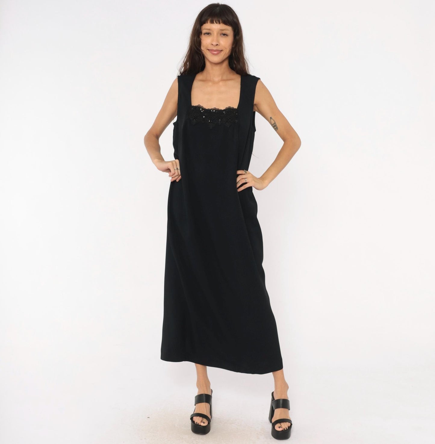 90s R&M Richards Black Sequin Lace Maxi Dress Plus Size 1X